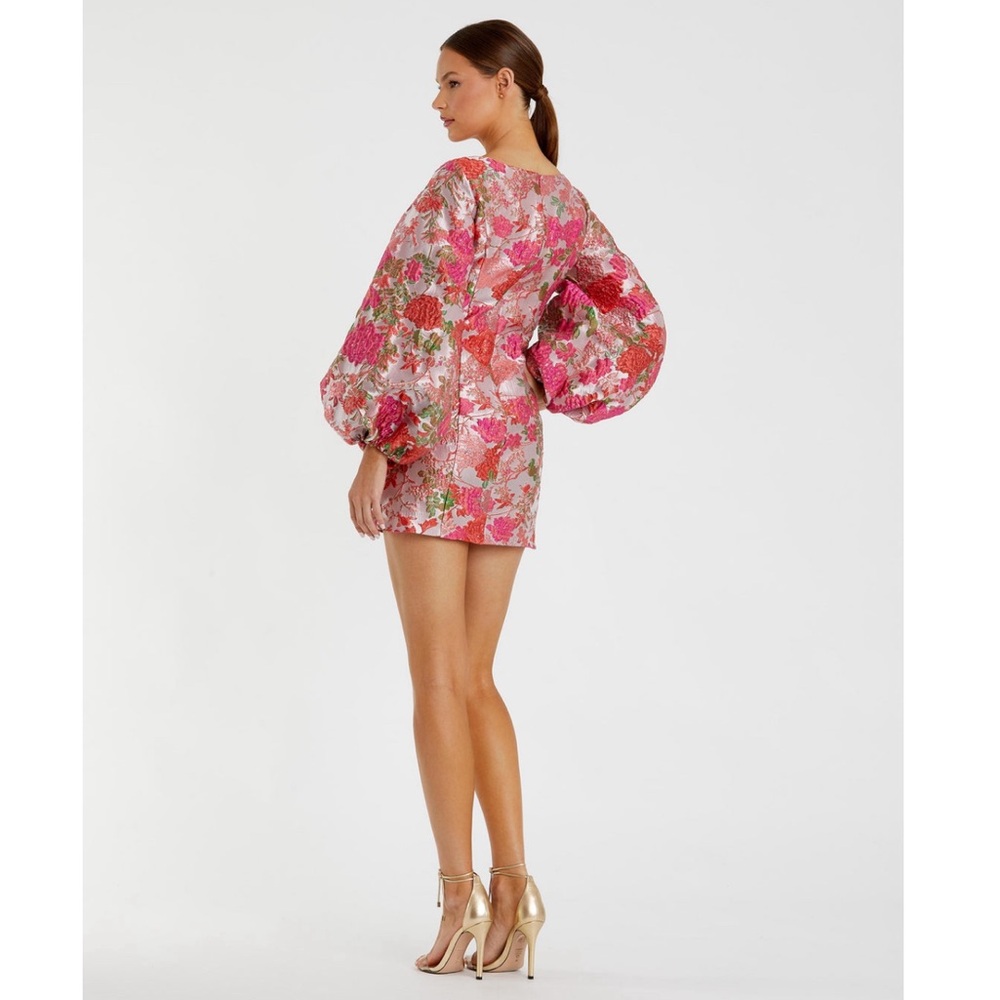 Mac Duggal by Ieena Pink Floral Brocade Balloon Sleeve Mini Dress - Picture 9 of 16